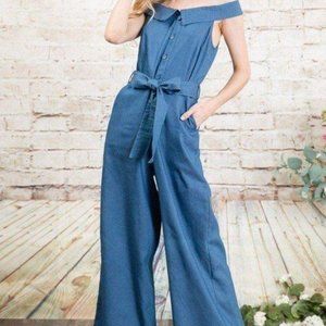 Palazzo Jumpsuit With Waist Tie (Medium Denim)